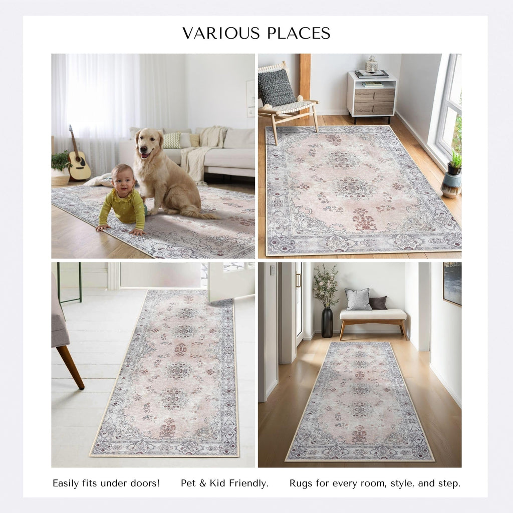 Lite Pink Oushak Area Rug 2' - Washable Area Rugs, Non-Slip Small Throw, Vintage Low Pile Turkish Eclectic