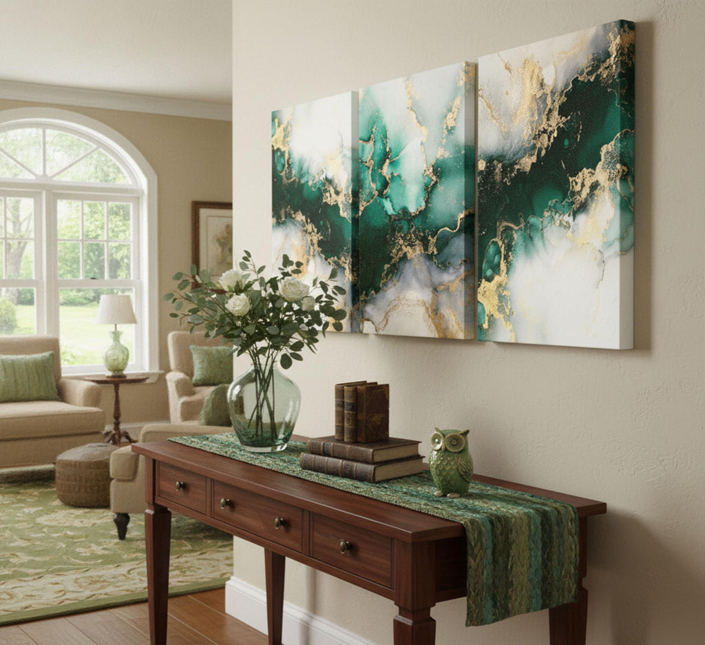 3 Piecs Emerald Green and Gold Canvas Wall Art 12x16in