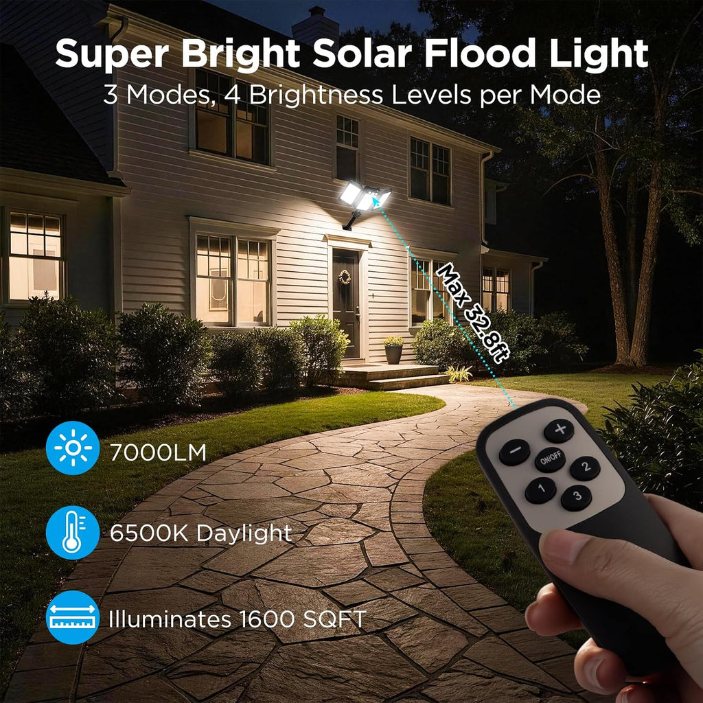 Solar Flood Lights Outdoor, 7000 LM Super Bright Aluminum Arm Waterproof | 6000 mAh Remote Control Dusk to Dawn LED