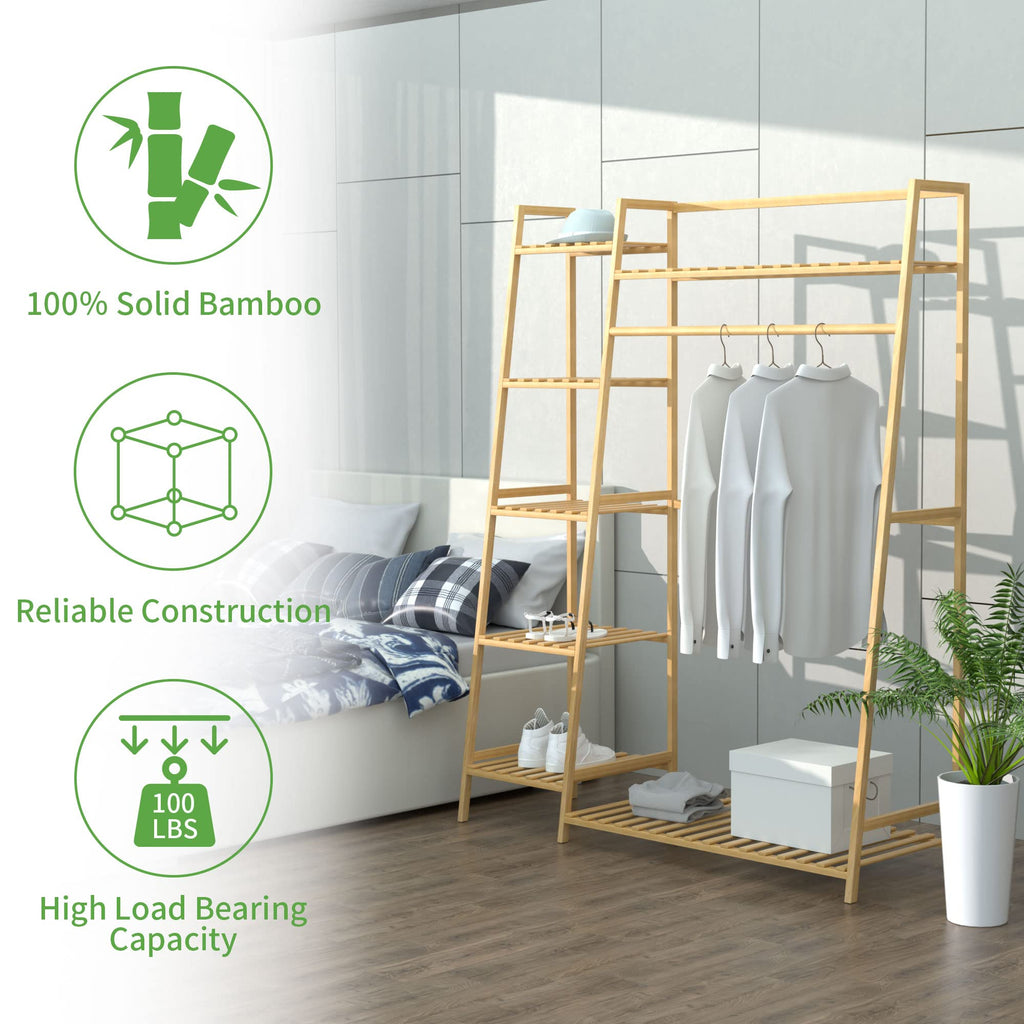 Bamboo Clothing Garment Rack, Free Standing Clothes Coat Hanger, Closet Organizer w/Shoe Rack, Multi-tiered Wardrobe