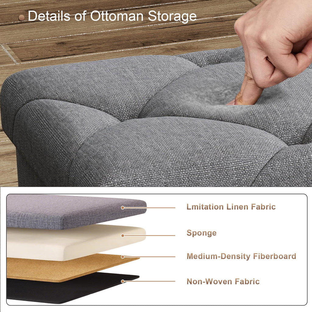 43 Inches Ottoman with Storage, Folding Storage Ottoman Bench Set, Storage Chest, Support, Grey