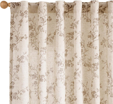 Taupe Floral Linen Curtains 84 Inch Farmhouse Curtain Back Tab Drapes for Living Room Bedroom Light Filtering Vintage