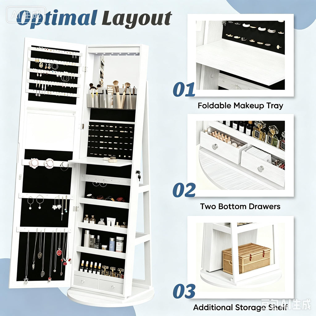 360° Swivel Jewelry Cabinet with Light, Lockable Full Length Mirror
