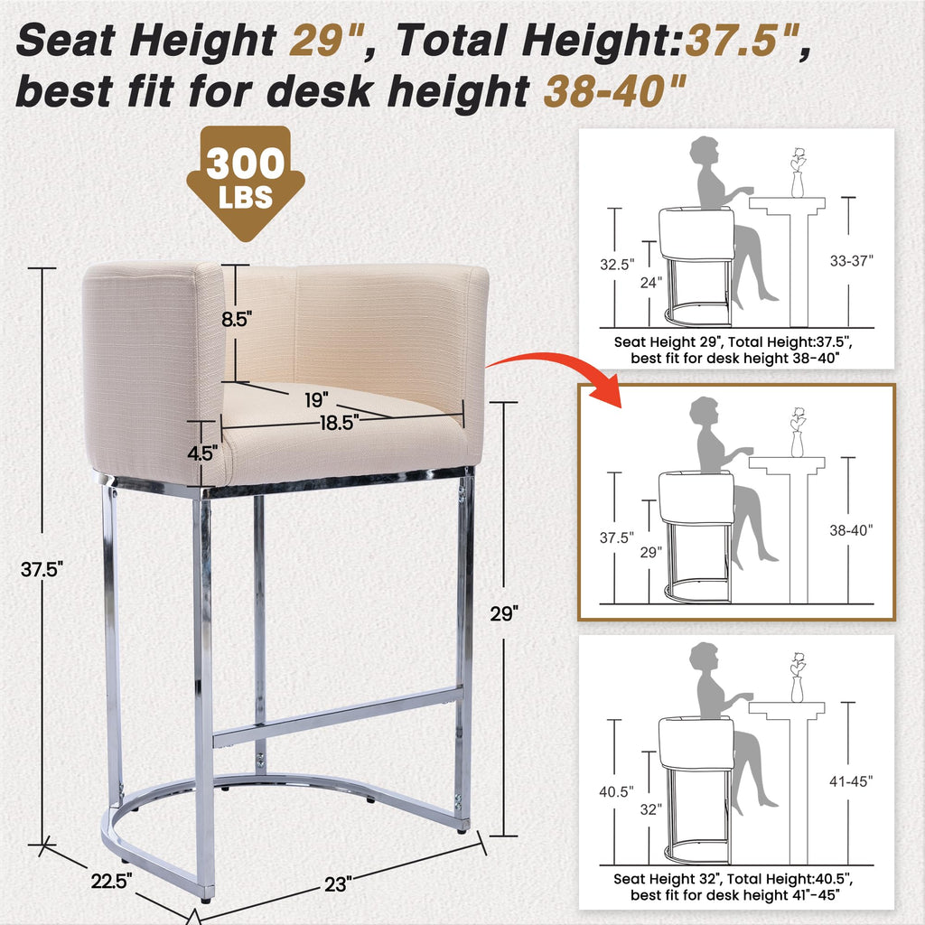 Modern Counter Height Linen Fabric Upholstered Counter Stools Set of 3, 29 Inch Cream Kitchen Island Stools with