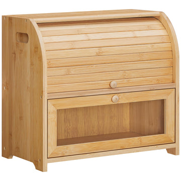 Bamboo Countertop, 2 Tier Roll-Top Bread Bin, Food Storage Box, Large Capacity Keeper, Wooden Storage Cabinet