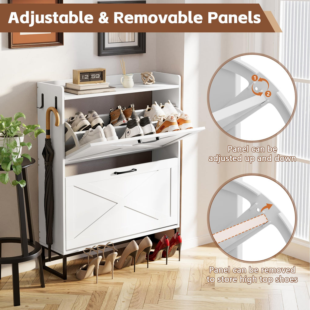 Shoe Cabinet Storage Hidden Shoes Storage Cabinet with 2 Rattan Flip Drawers, Shoes Cabinet with Adjustable Shelves