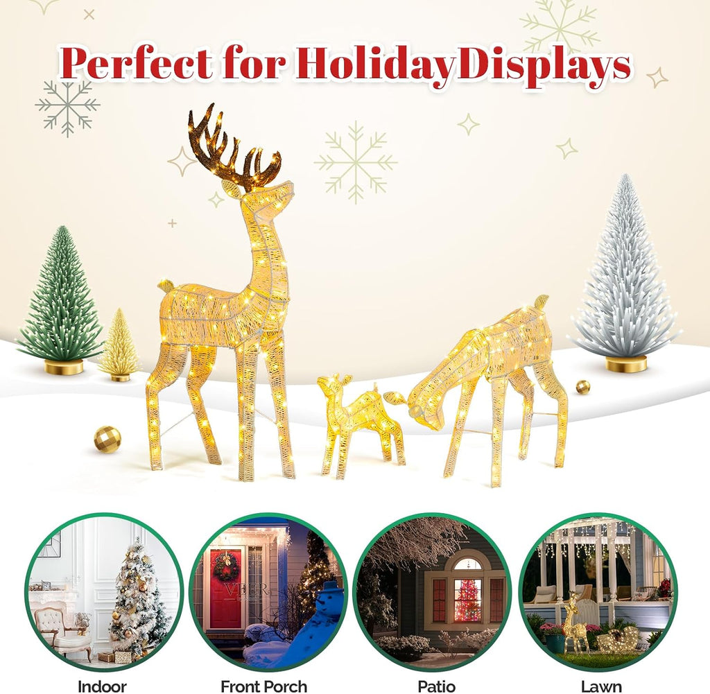 3-Piece Lighted Christmas Golden Reindeer Family Set, 5FT White Buck Doe Fawn Outdoor Decorations, Weatherproof Deer