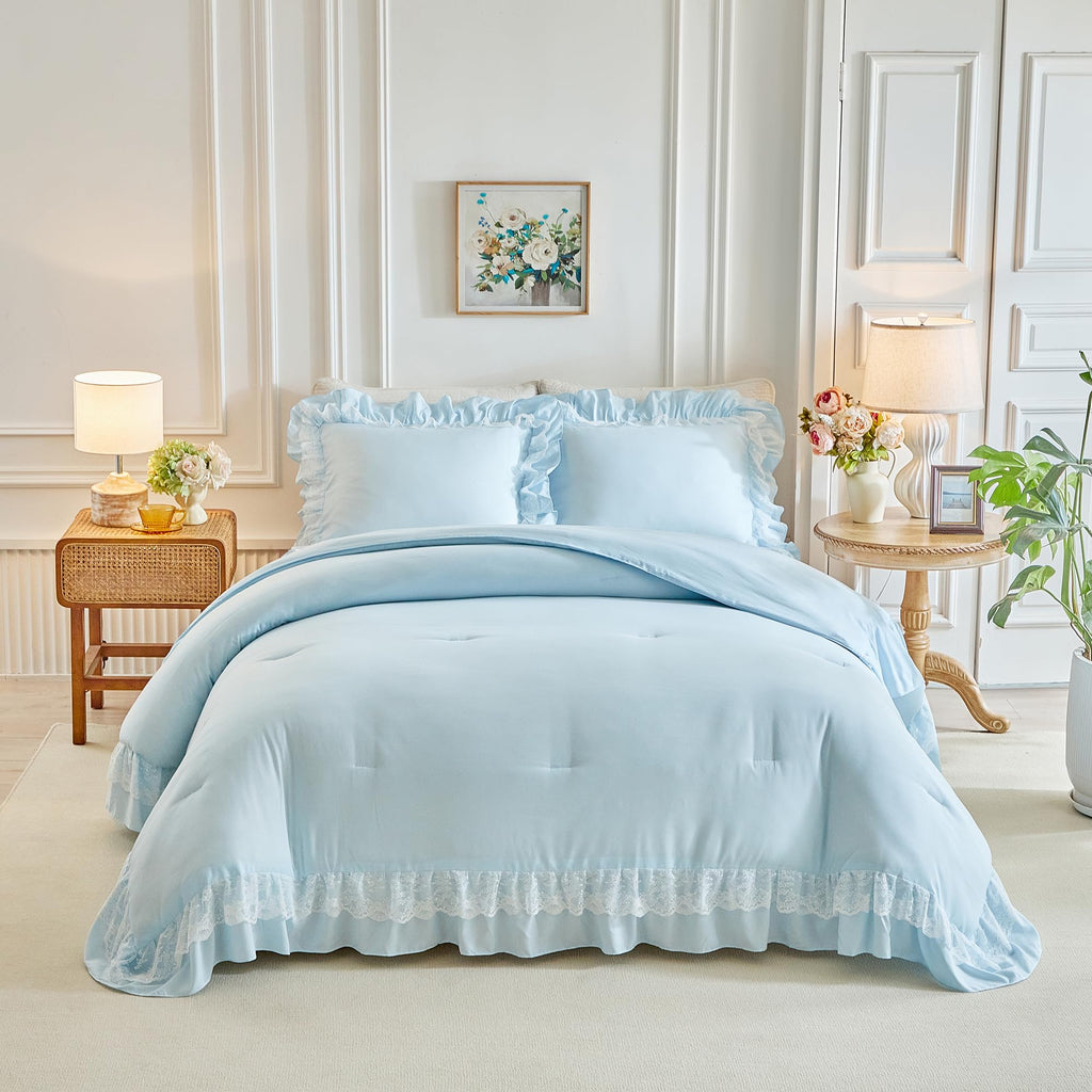 King Size Comforter Set Blue, 3pcs Lace Ruffled Bedding Comforter Set, Microfiber Vintage Boho Chic Bedding Set for