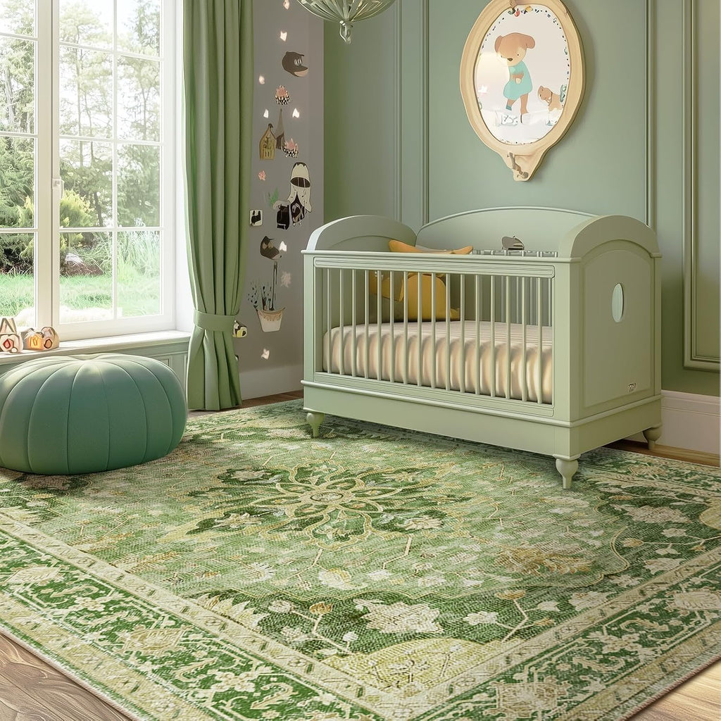 Area Rugs Washable Non-Slip, Floral Vintage Distress Print Pattern Medallion Carpet for Living Room Bedroom