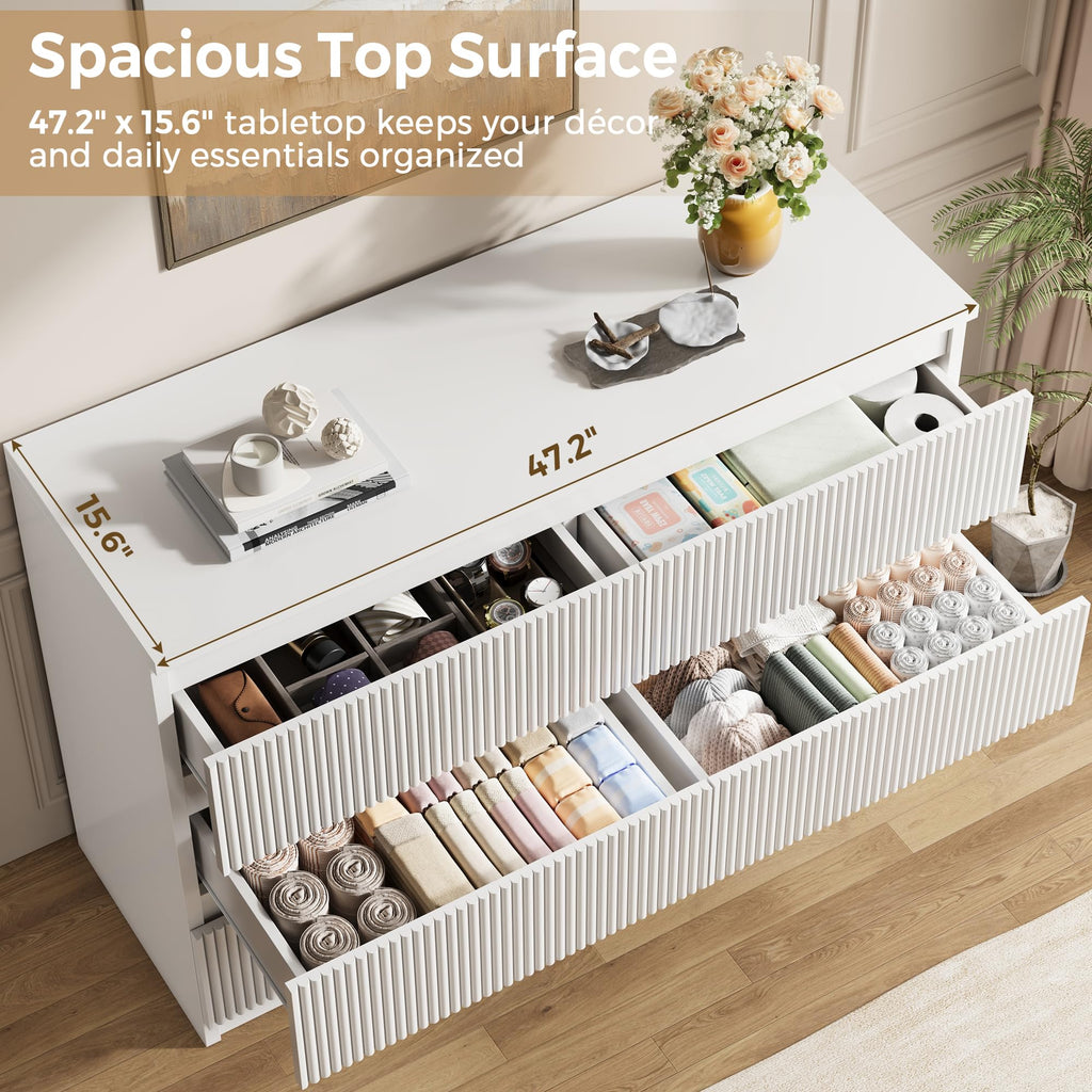 6 Drawer Fluted Dresser, Modern Chest of Drawers with Hidden Handles, Wood Storage Organizer Cabinet, White (15.7" D