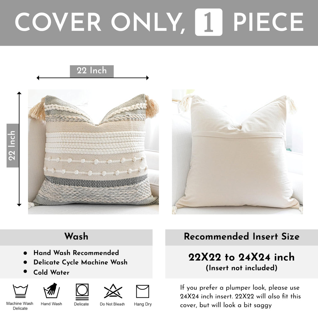 Gray Boho Throw Pillow Cover 22x22, Grey Decorative Accent Pillow for Couch, Square Woven Textured Pillowcase, Modern