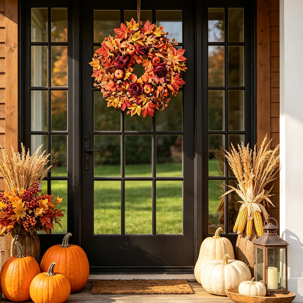 26" Large Artificial Fall Maple Leaves Wreath for Front Door, Autumn Orange