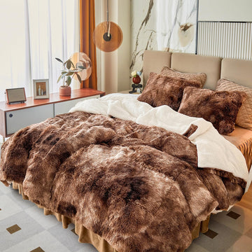 Faux Fur Shaggy Fluffy Comforter Set Mixed Coffee Brwon and White Long Hair, 3 Pieces Plush Flannel Sherpa