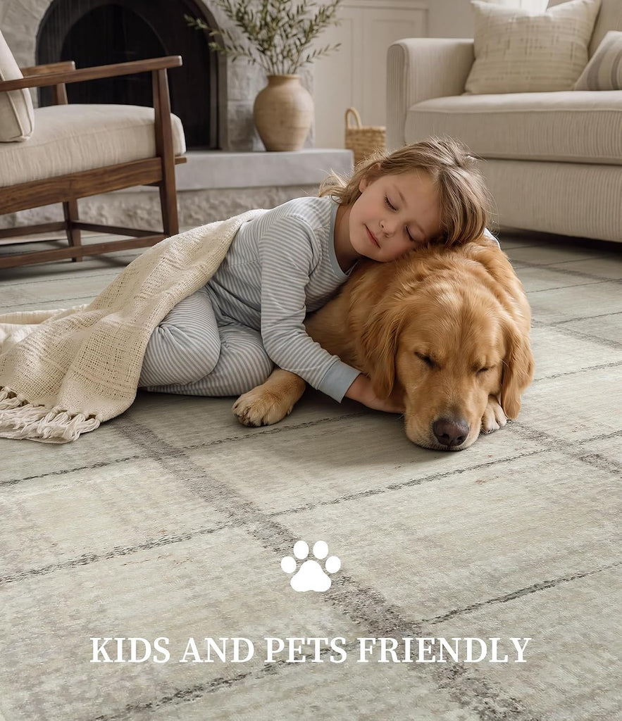 Beige Grey Distressed Plaid Area Rug