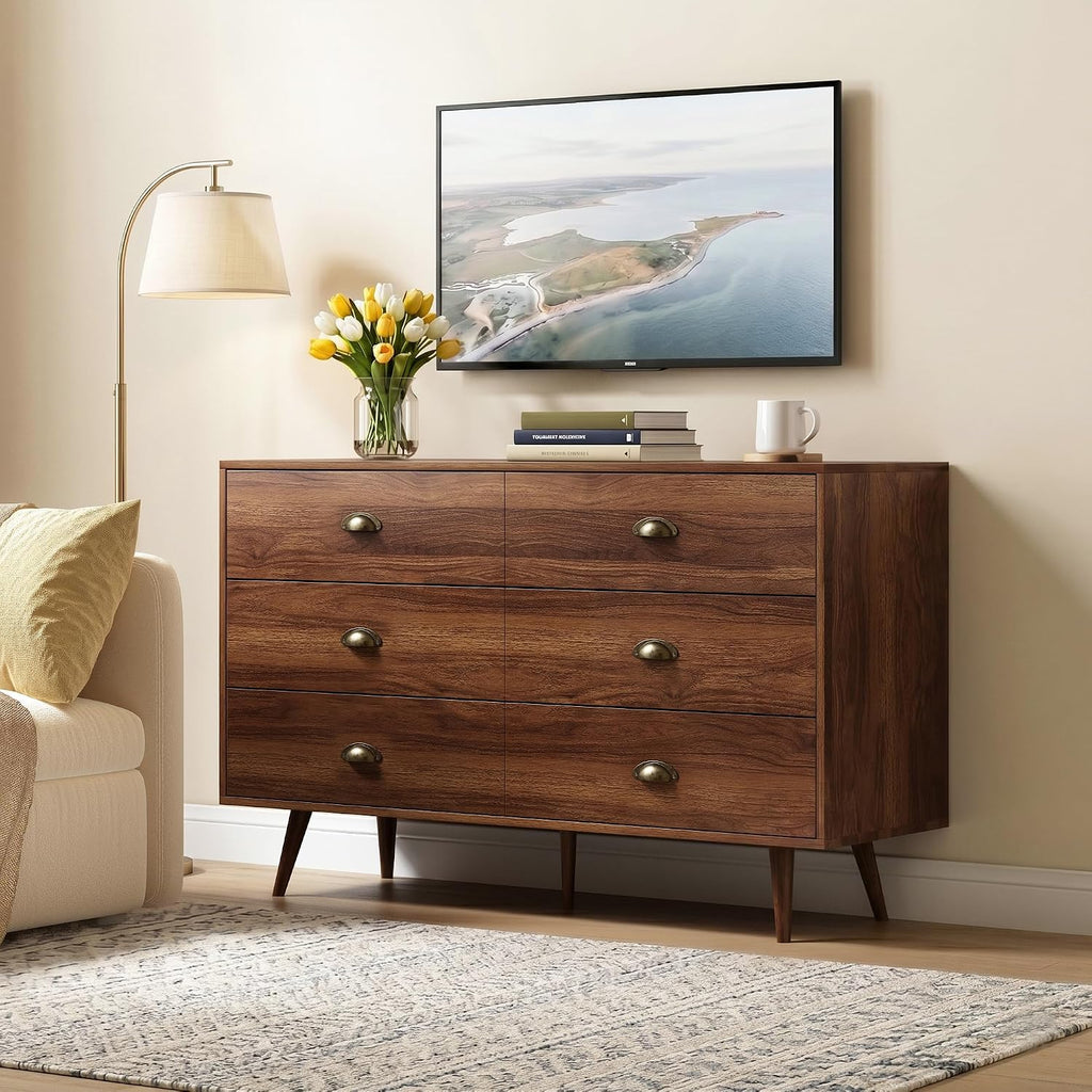 Walnut Dresser , 6 Drawer Dresser with Wide Drawers and Gold Metal Handles, 47" Wood Dressers & Chests of Drawers .