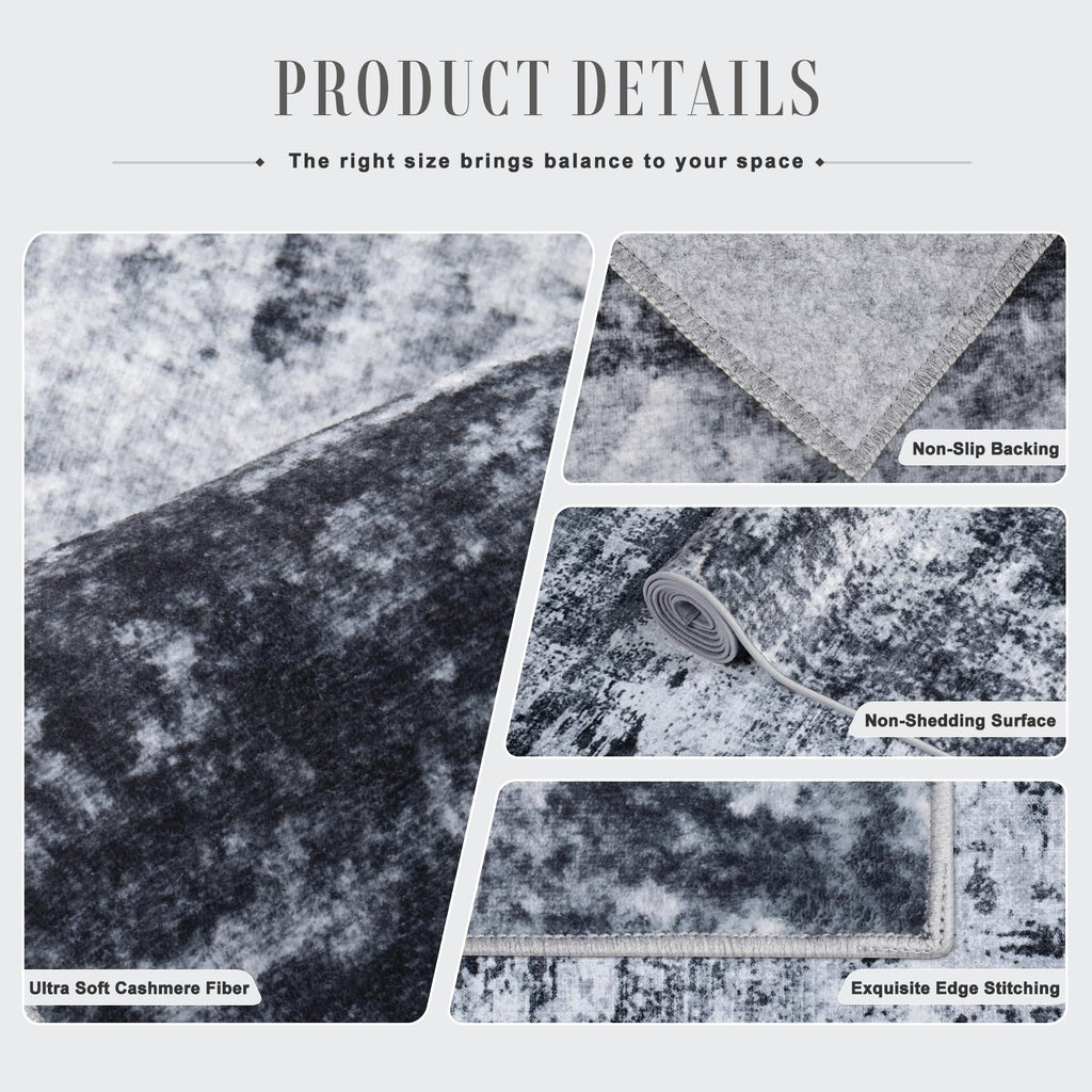 2.6x14 Washable Runner Rug:Modern Abstract Indoor Carpet Black