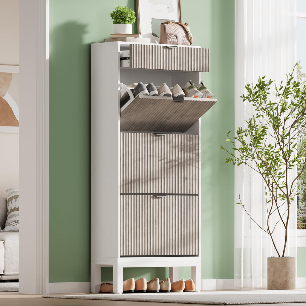 Fluted Shoe Storage Cabinet with 3 Flip Drawers, White+Grey