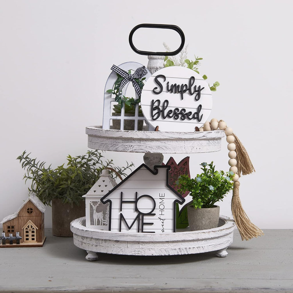 Rustic Farmhouse Tiered Tray Set with Succulent & Plant - Home Decor s (Set of 8 Without Trays)
