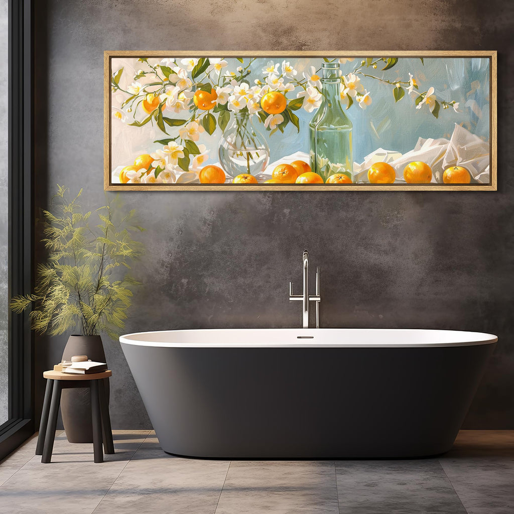 Large Framed Canvas Print Wall Art Bright Still Life with Orange Blossoms and Citrus Fruits Antique Retro Ready to