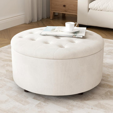 30 Inch Round Storage Ottoman,Modern Tufted Ottomans,Circular Coffee Table with Removable Top,Upholstered Large