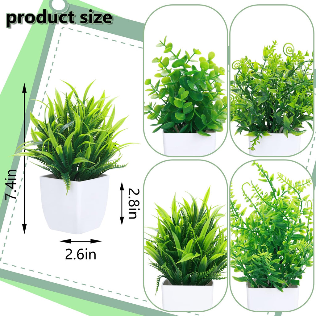 4 Pcs Fake Plants in White Pot Potted Small Artificial Plant