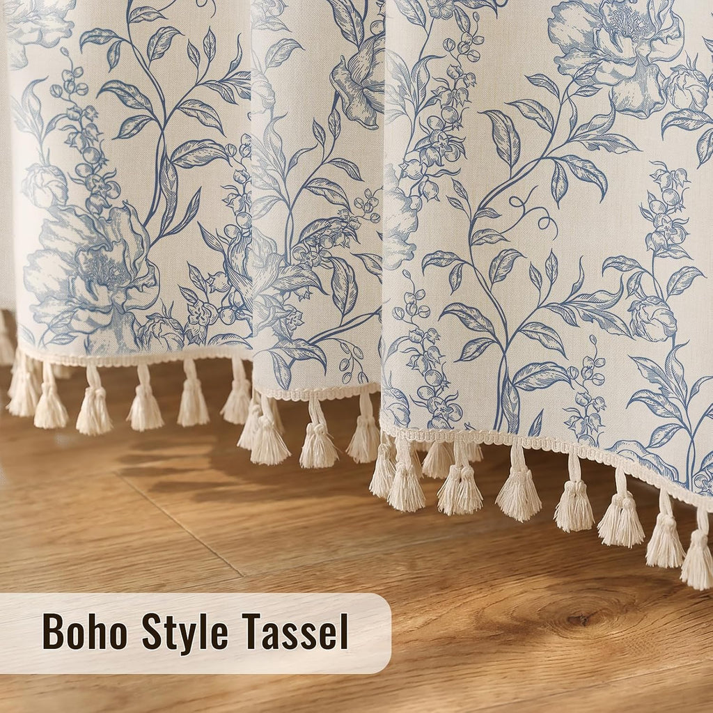 Vintage Blue Floral No Hook Shower Curtain Set with Snap-in Liner 72"x75" | Farmhouse Fabric 2 in 1 Shower Curtain