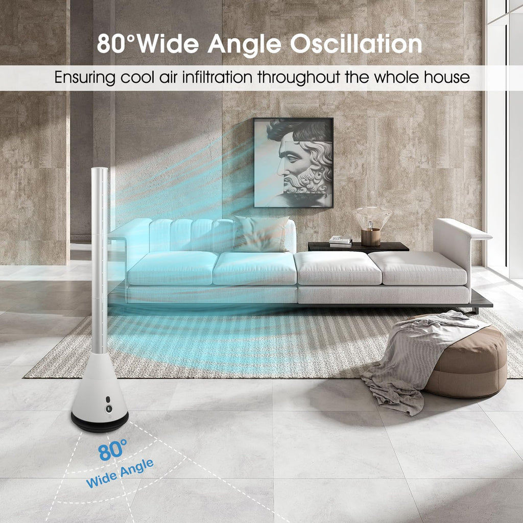 Bladeless Tower Fan with Remote, 80° Oscillating Air Circulator Fan, 9 Speeds, 8H Timer, Floor Fan Bedroom, Kitchen