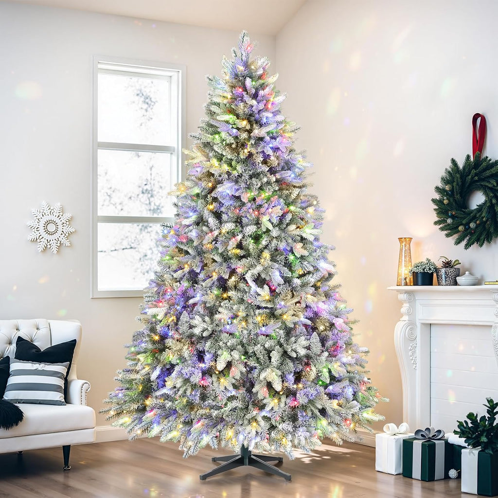 9ft 360° Rotating Pre-Lit Snow Flocked Christmas Tree, Built-in Music, Remote Control, 8 Light-Modes, White Christmas
