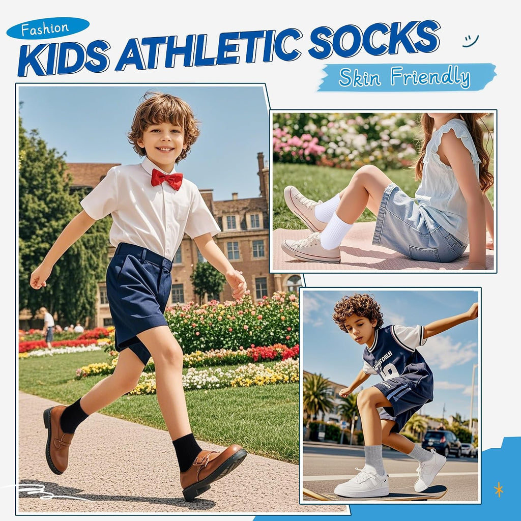 Kids Athletic Crew Socks Boys Girls Cotton School Uniform Casual Basic Socks 6 Pairs