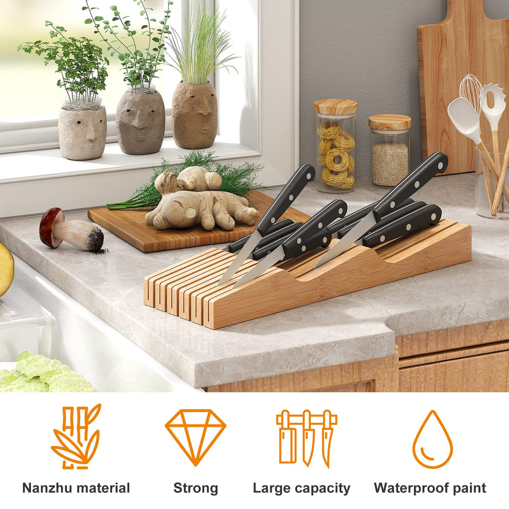 In-Drawer Knife Block Organizer - Bamboo Wood Drawer Knife Organizer-Protecting Knife Organizer Block (Not Included)