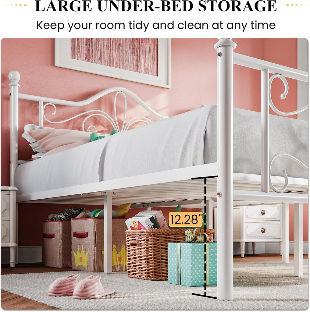 Queen Metal Bed Frame with Butterfly Headboard & Footboard, No Box Spring Needed