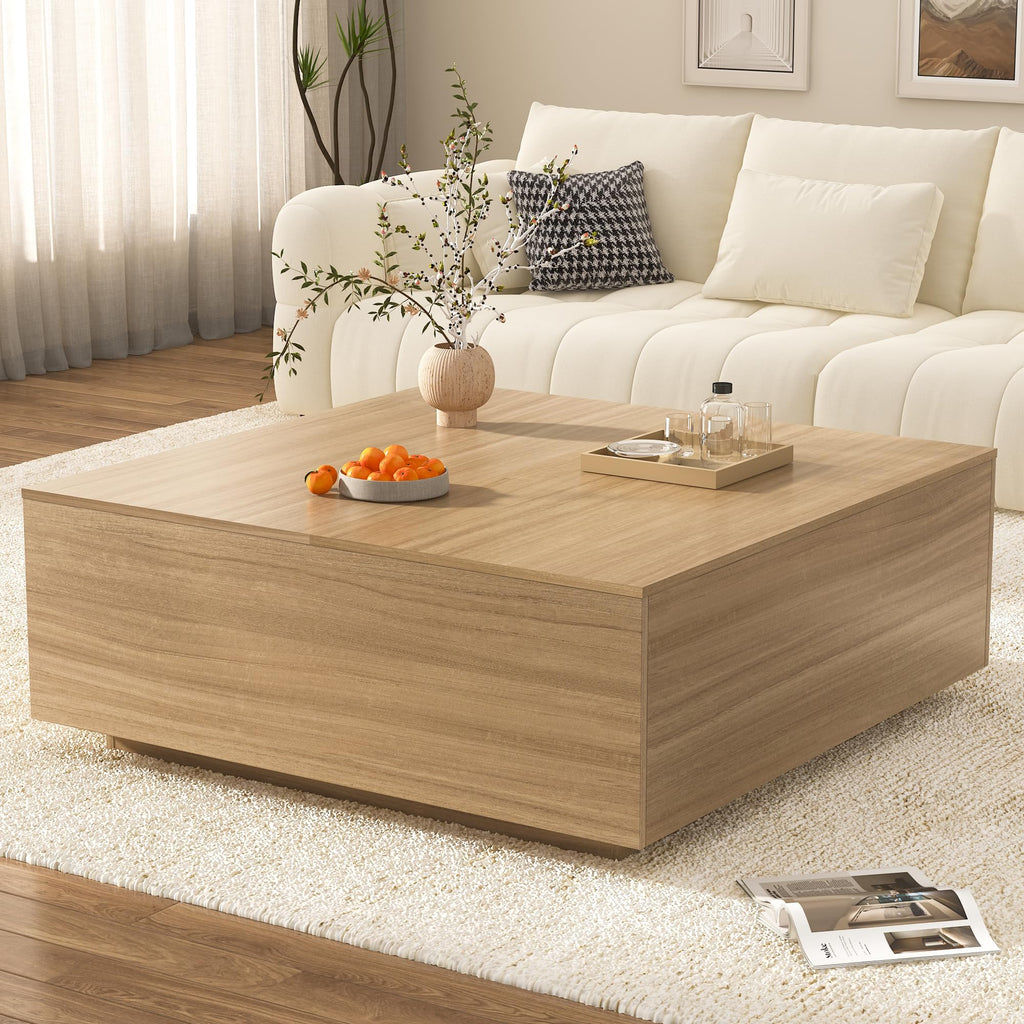 47 Inch Large Square Coffee Table with Storage, Wooden Coffee Table((OAK)