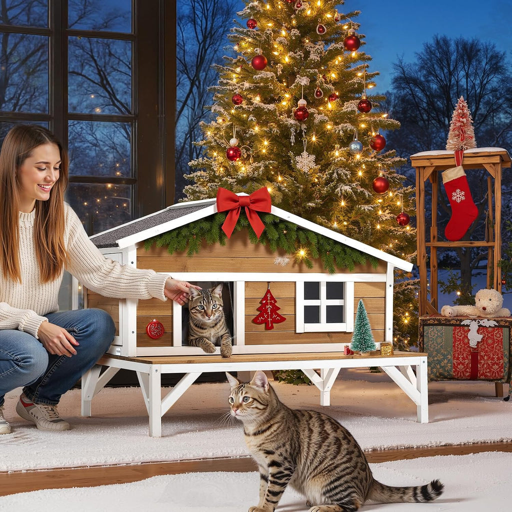 Insulated Cat House, All-Around Foam Insulation Elevated Cat Shelter, Wooden Feral Kitty Shelter with Large Platform