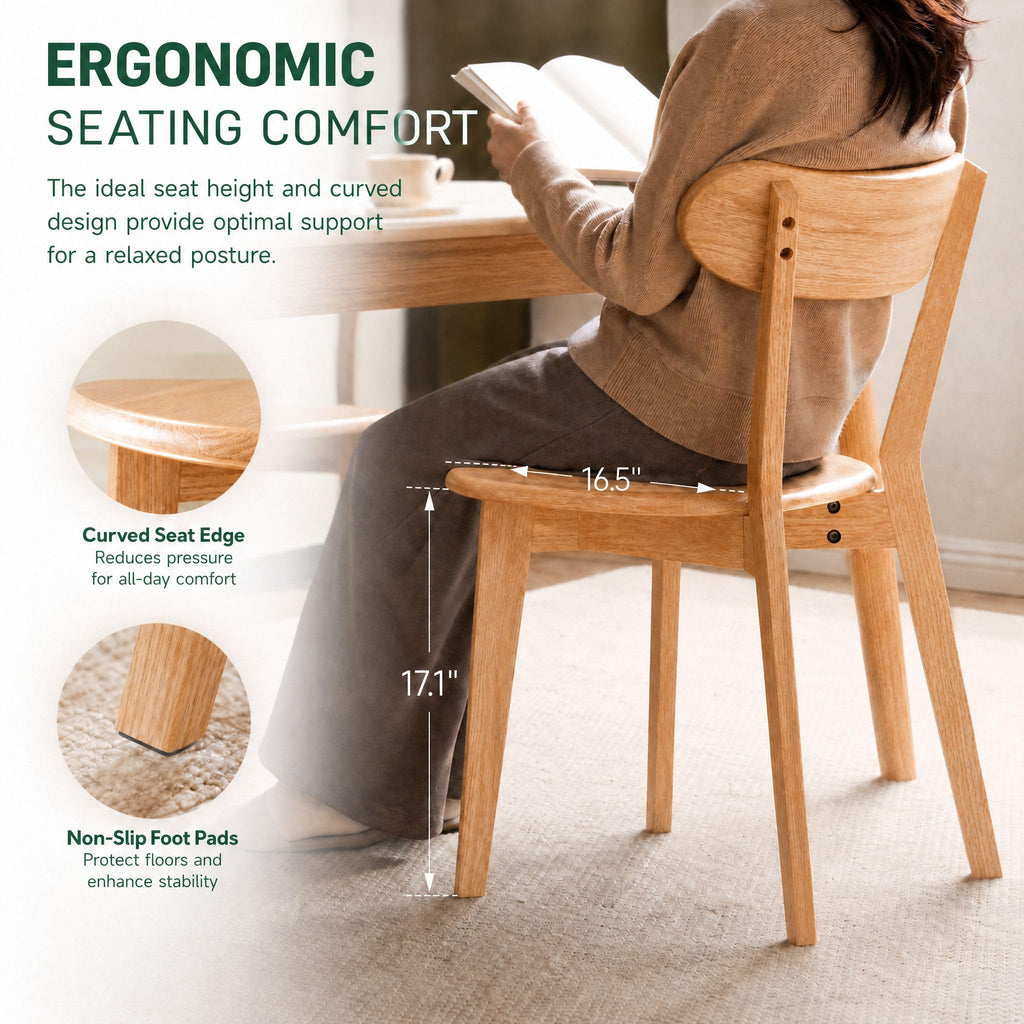 Oak Dining Chairs Set of 4, 100% Solid Wood Kitchen Chairs with Curved Backrest, Mid Century Modern & Farmhouse Side
