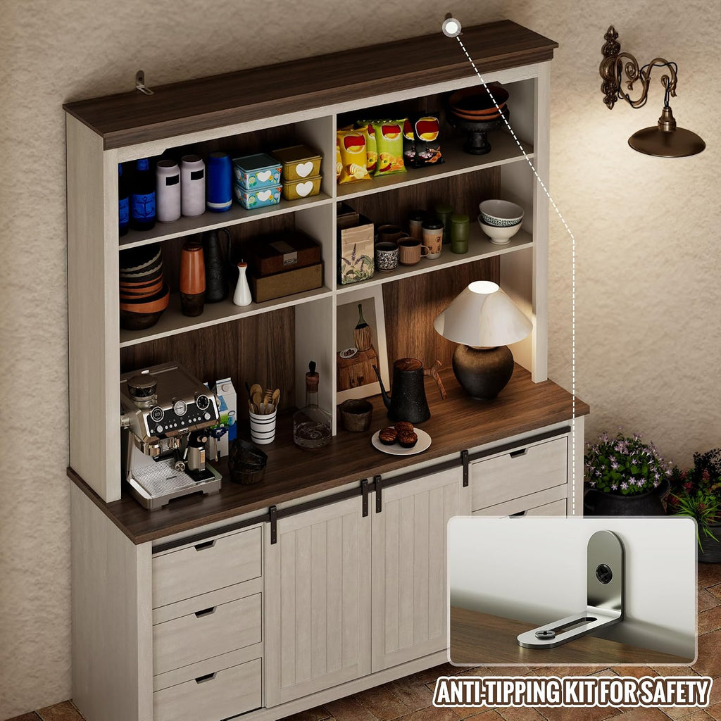 78.8" H Farmhouse Kitchen Hutch Cabinet with 3-Tier Open Shelves, Storage Pantry Cabinet with Wide Countertop, 6