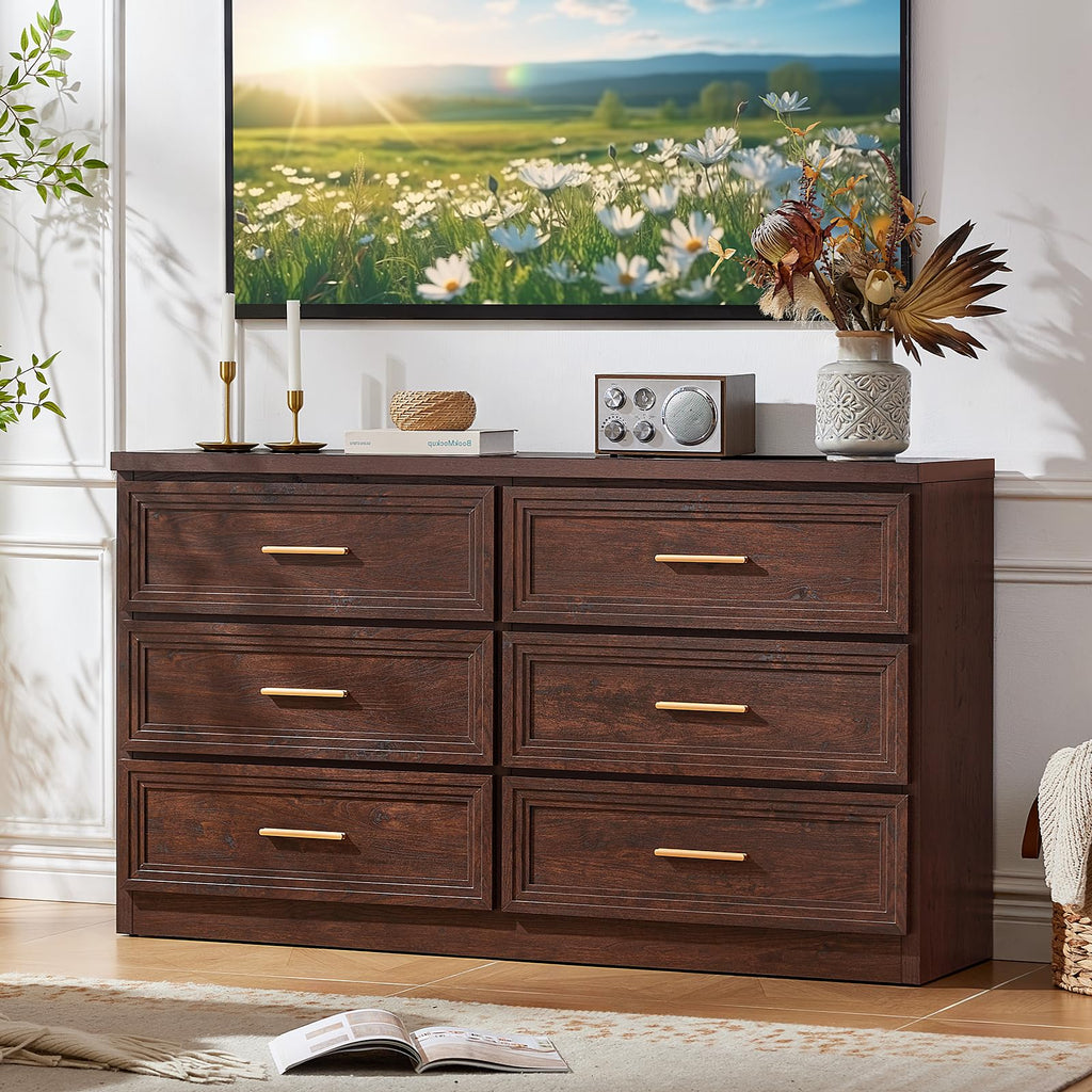55.1" Wide Farmhouse 6 Drawers Dresser, Walnut