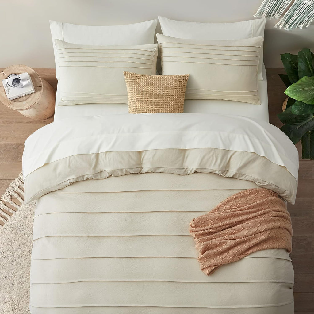 Beige Duvet Cover Queen - Pleated Queen Duvet Cover, 3PCS Soft and Breathable Textured Bedding Set with Zipper