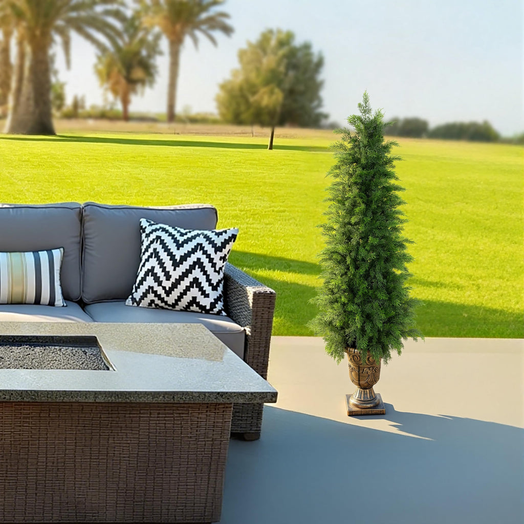 4FT UV Resistant Topiary Trees Artificial with Golden Urn Planter, 2 Set Artificial Cedar Trees for Outdoor, Faux