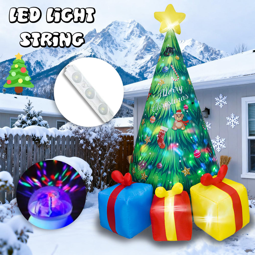 8FT Giant Christmas Inflatable Tree with Rotating LED Lights Inside, Animated Blow Up Xmas Tree with 3 Gift Boxes