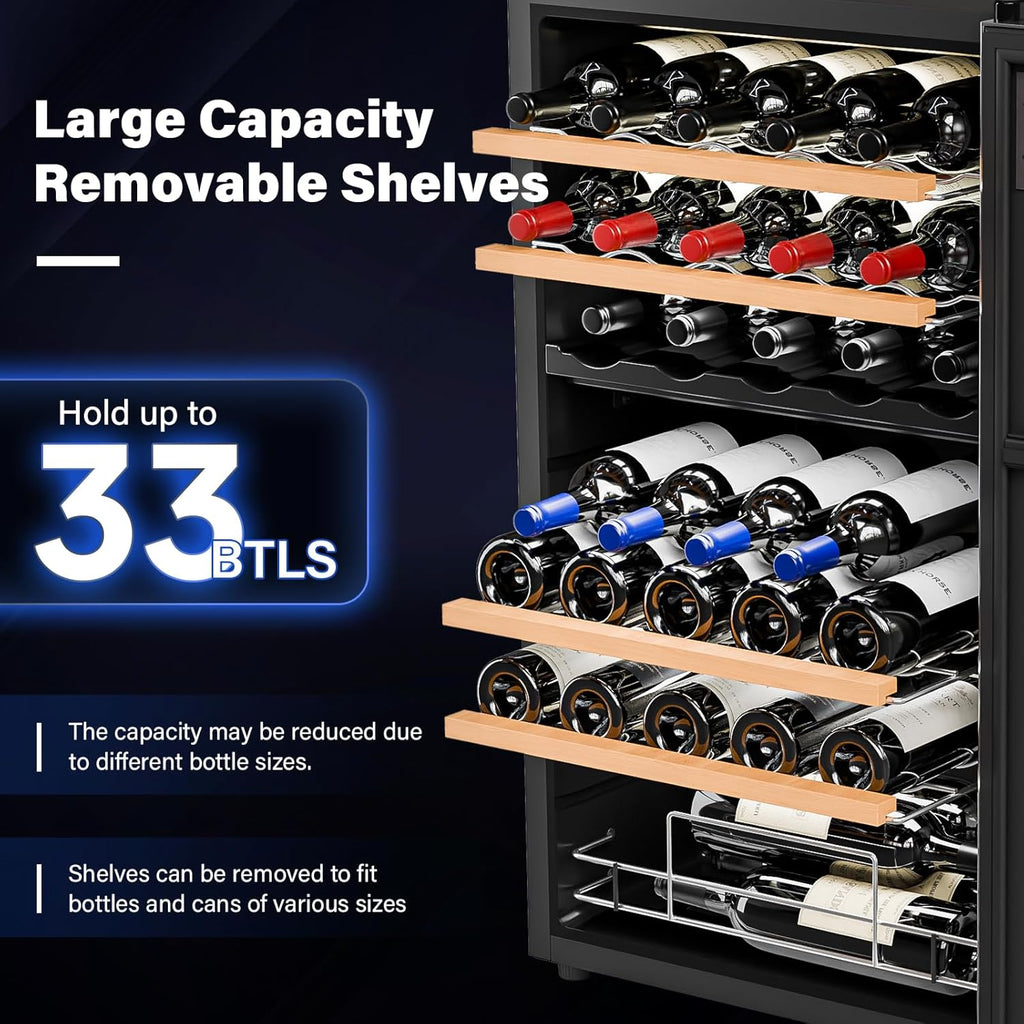 33 Bottle Dual Zone Wine Cooler Refrigerator, 41°F-64°F Freestanding Compressor 