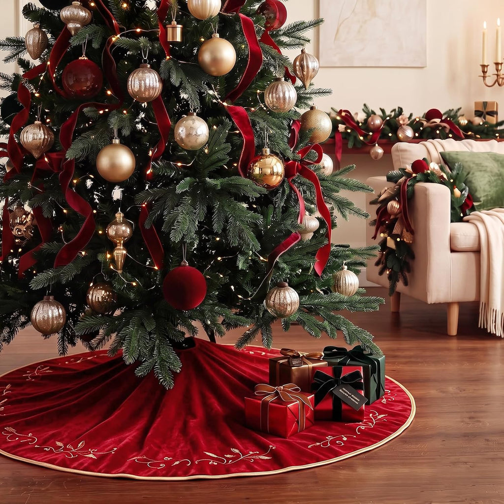 Christmas Tree Skirt, 48 inches Red Luxury Velvet Plush Fur Skirts with Gold Embroidered Holly Leaf for Rustic Xmas