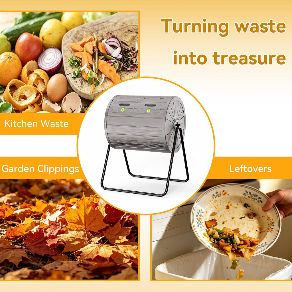 Compost Bin Outdoor 37.5 Gallon Gray | All-Season, Dual Chamber Tumbling, For Garden, Kitchen, Yard, Outdoor