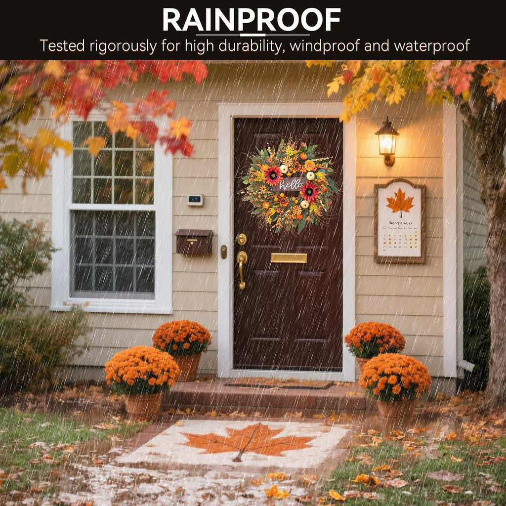24 Inch Artificial Fall Wreaths for Front Door Outside with Hello Sign''