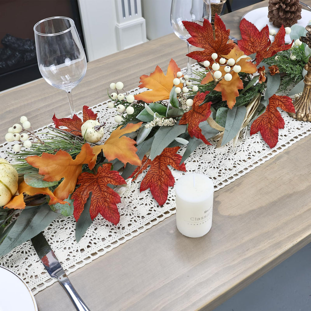 Realistic Fall Garland for Mantle 6 Ft Fall Maple Leaves Garlands with Lights/Timer Pumpkin Garland for Thanksgiving