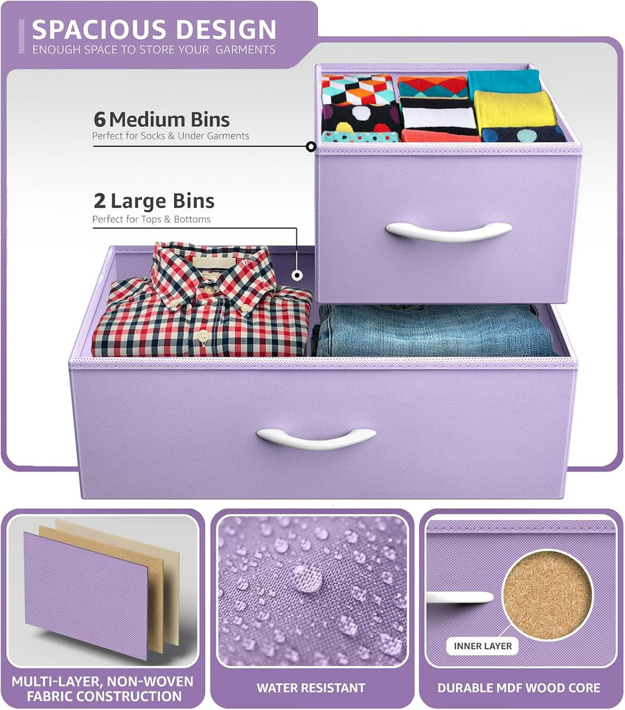 Kids Dresser with 8 Drawers - Chest Organizer Unit with Steel Frame Wood Top & Handle, Fabric Bins for Clothes - Wide