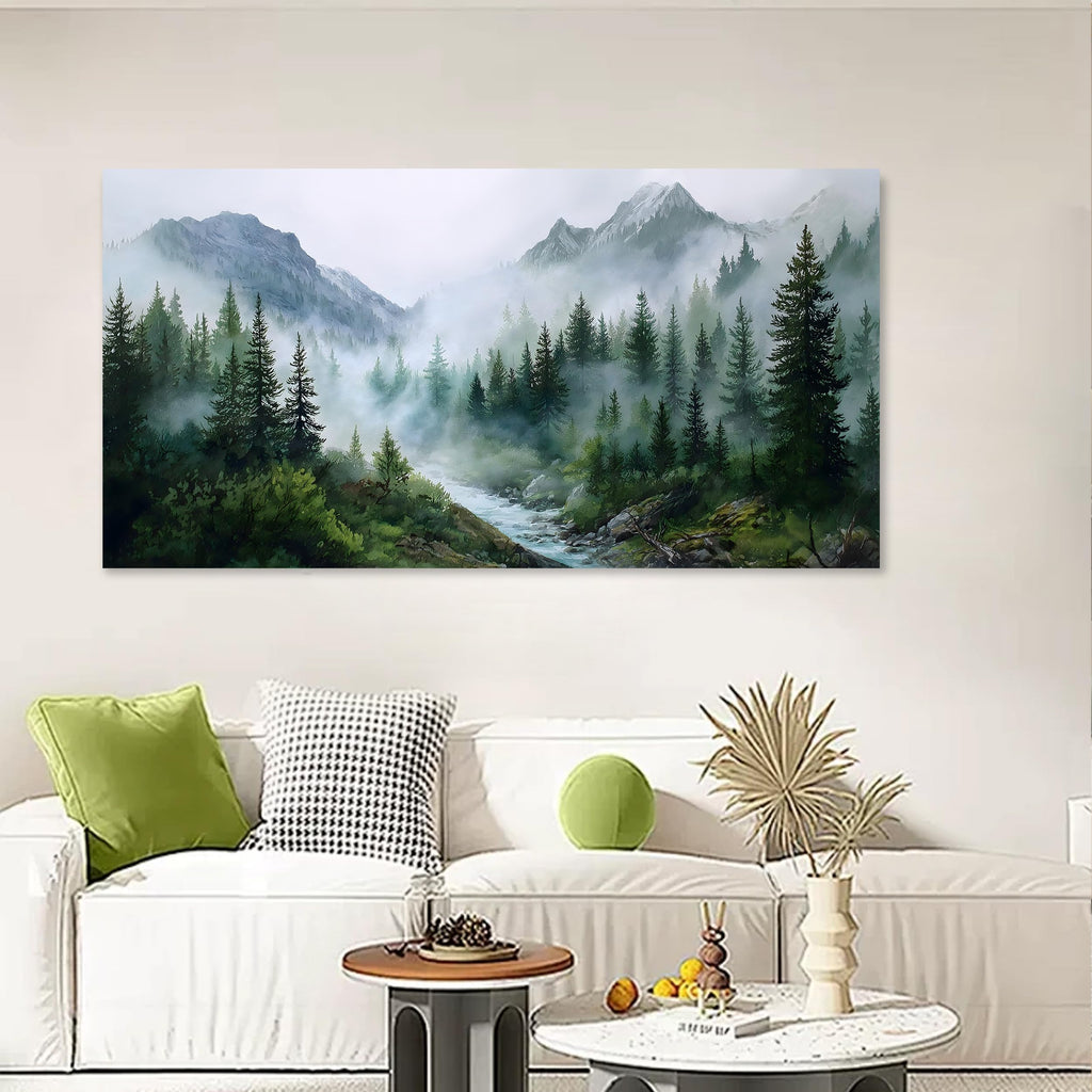 Large Misty Forest Wall Art Green Mountain Landscape Canvas Prints with Trees and River Modern Nature Artwork Office