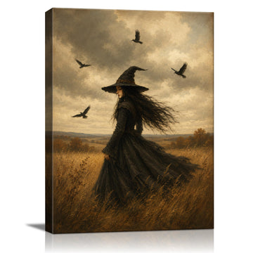 Halloween Canvas Wall Art, Retro Witch with Flying Crows Canvas Prints
