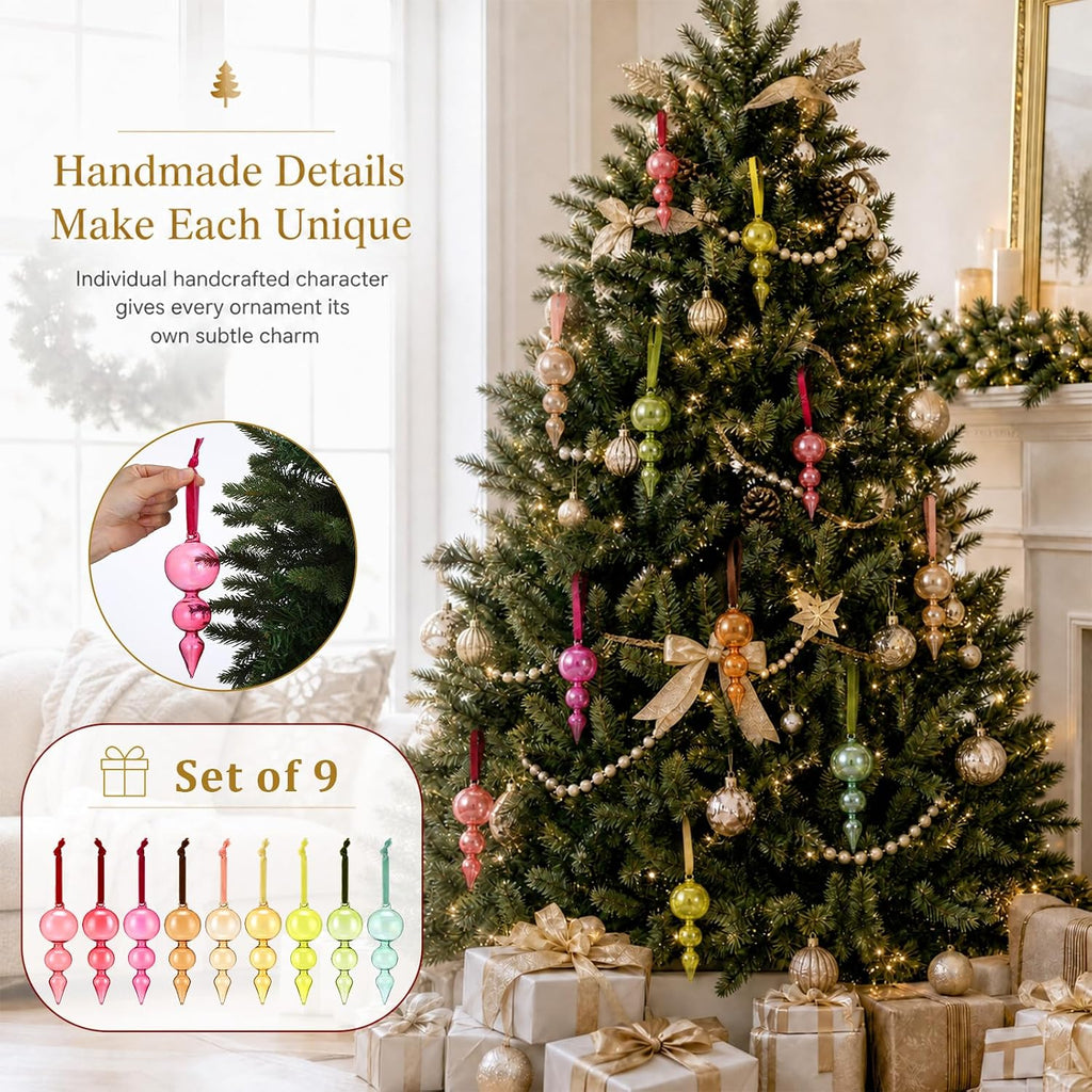 9 Pcs Hand Blown Glass Finial Christmas Ornaments, Iridescent