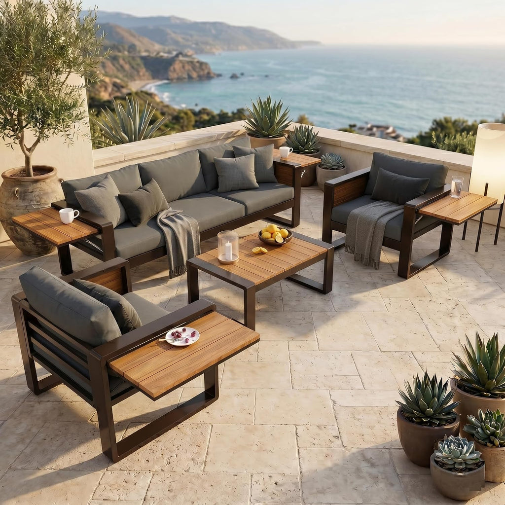 Large 4-Piece Outdoor Patio Furniture Set for 5 Person, 3-Seater Sofa, 2 Armchairs with Fold-Out Side Tables