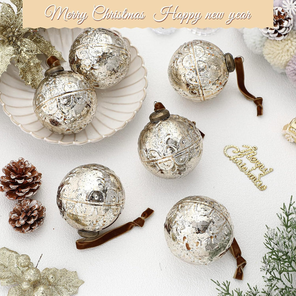 6 Pcs Champagne Gold Mercury Glass Christmas Ornaments, Etched